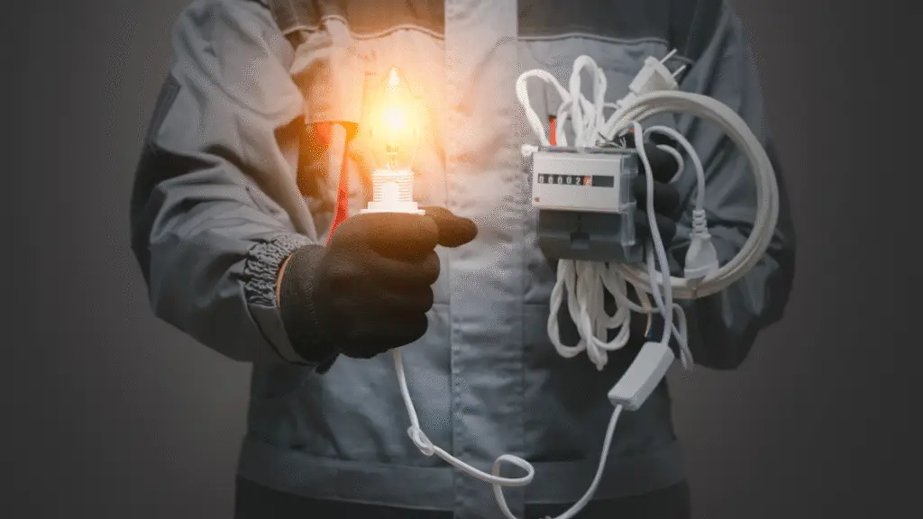 An electrician in a gray uniform holding a lit light bulb and electrical equipment in one hand.
