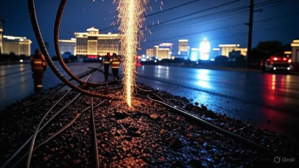 Sparks flying from electrical cables on a wet road during an emergency situation at night.