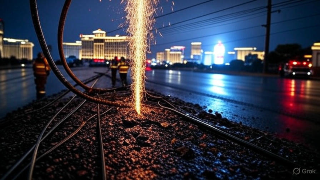Sparks flying from electrical cables on a wet road during an emergency situation at night.
