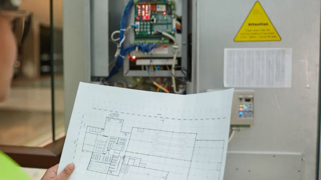 Person holding a blueprint while examining a circuit board in an electrical inspection setting.