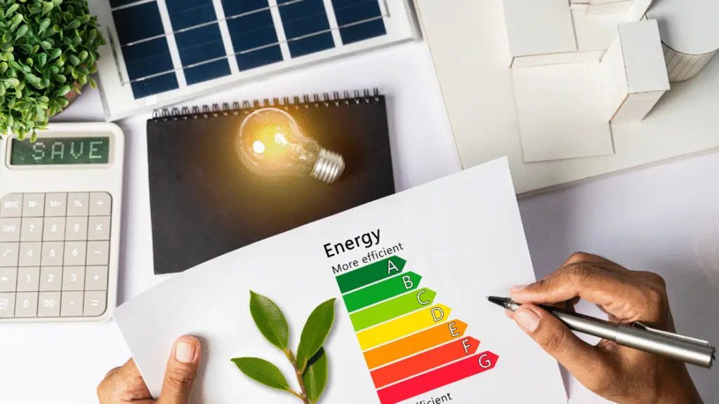 Hands holding an energy efficiency rating chart with a light bulb and calculator on a desk.