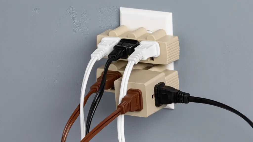Power strip with multiple electrical cords connected in various colors against a gray wall.