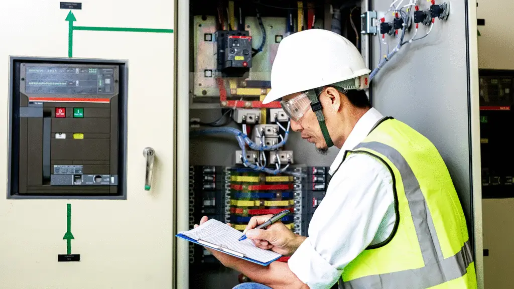 Technician in safety gear inspecting electrical panel and taking notes in a notebook.