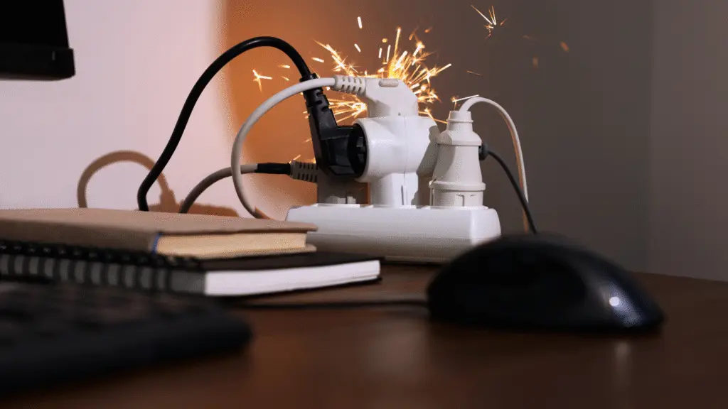 Electrical outlet with sparks and multiple cords connected, indicating a potential electrical hazard.