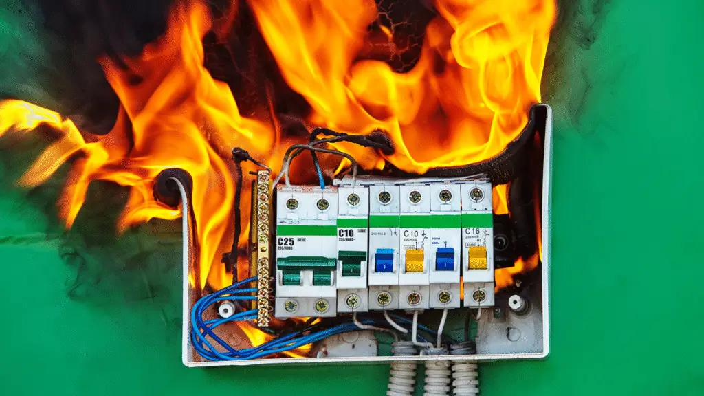 An electrical circuit breaker box with flames emerging from the top, indicating a fire hazard.