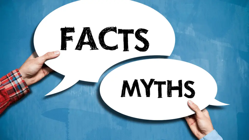 Two speech bubbles labeled 'Myths' and 'Facts' held by hands against a blue background.
