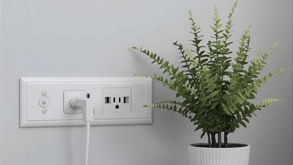 Electrical outlet with a power cord plugged in, next to a small potted fern plant.