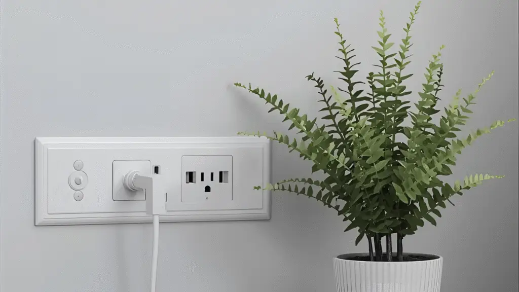Electrical outlet with a power cord plugged in, next to a small potted fern plant.
