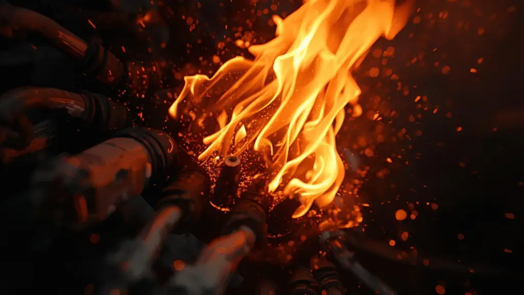 Flames erupting from electrical wires, illustrating the risks of overloaded circuits in electrical systems.