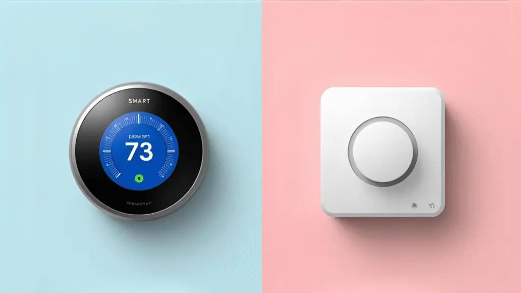 Smart thermostat displaying temperature and a dimmer switch on contrasting backgrounds.