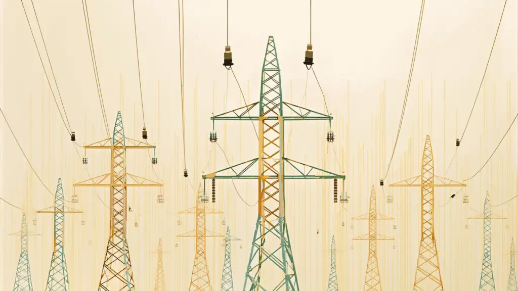 Illustration of multiple power transmission towers with overhead power lines in varying colors.