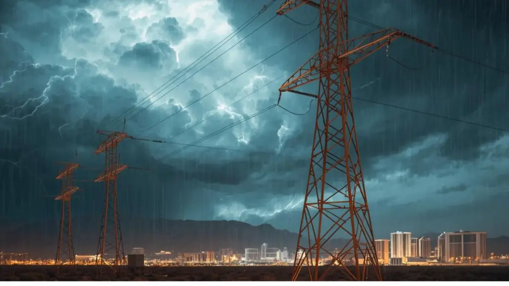 High voltage power lines with a stormy sky and lightning in the background, showcasing electrical infrastructure.