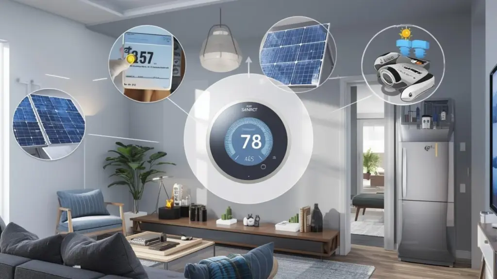 Smart thermostat displaying temperature and connected to solar panels and smart devices in a modern living room.