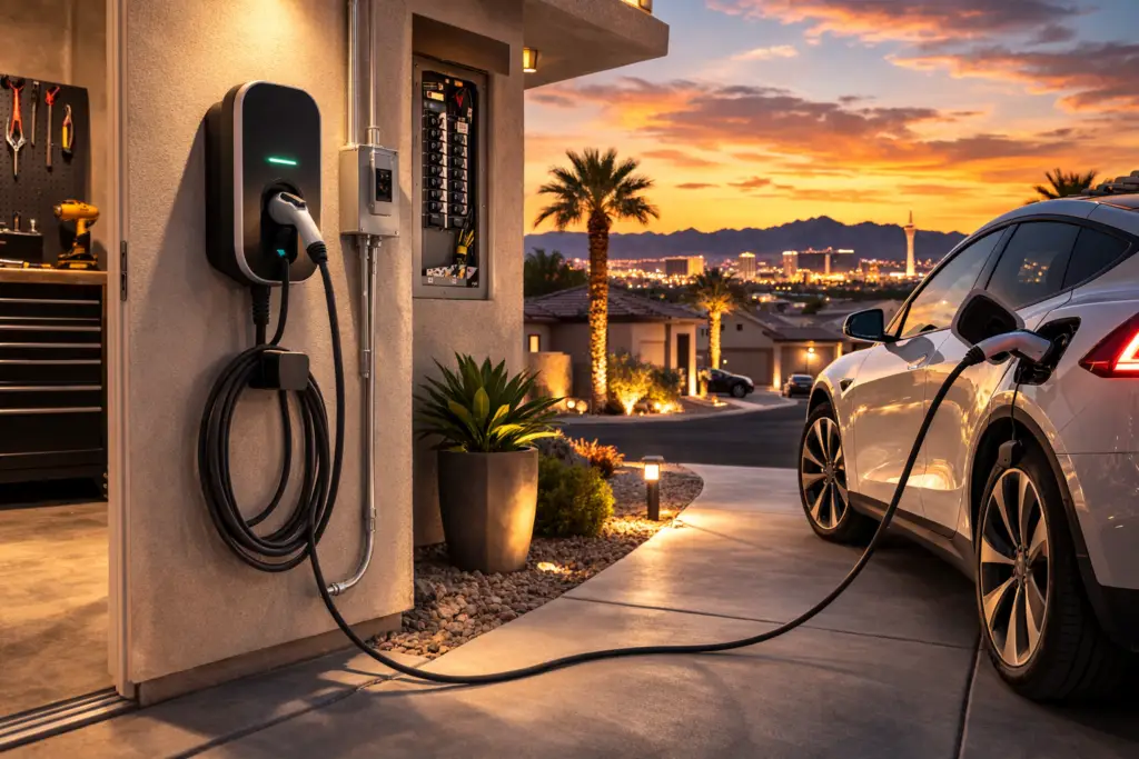 Electric vehicle charging station mounted on a wall with a car plugged in, set against a sunset backdrop.
