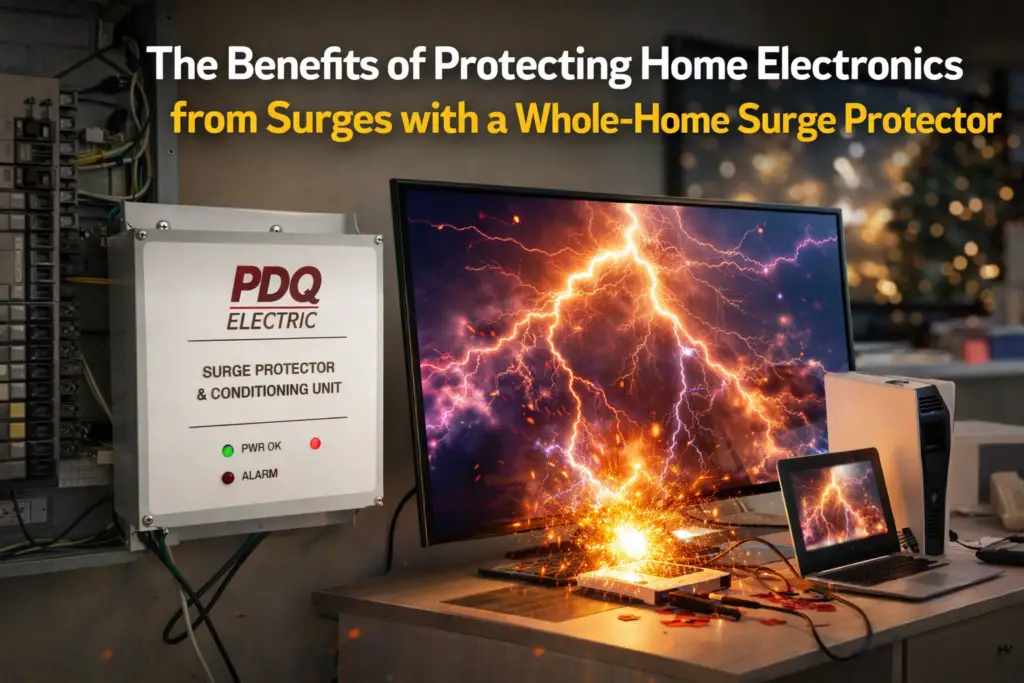 Whole-home surge protector unit mounted on a wall next to a television and a laptop with electrical sparks.