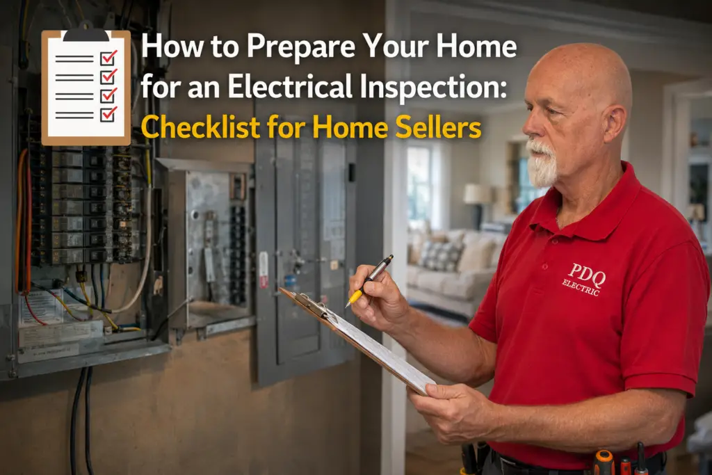A PDQ Electric technician in a red polo checks a home's electrical panel with a clipboard, while the checklist for home sellers appears above.