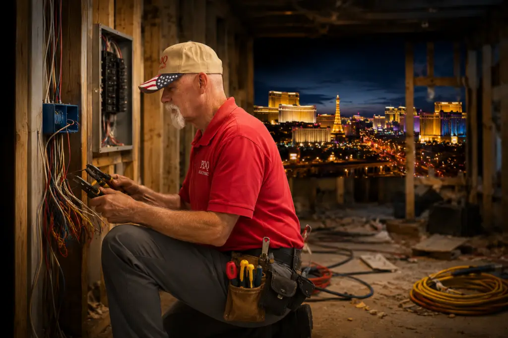 An electrician in a red shirt rewires wiring inside an older Las Vegas home, with an illuminated city skyline glowing through the open framing.