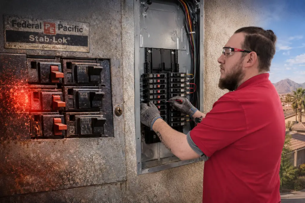 An electrician in Las Vegas checks a Federal Pacific Stab-Lok panel beside a modern breaker panel, while worn breakers and sparks show on the left.