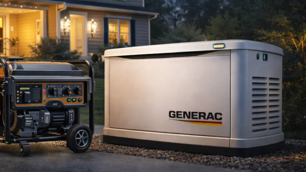 Generac home backup generator next to a portable generator in a residential setting.
