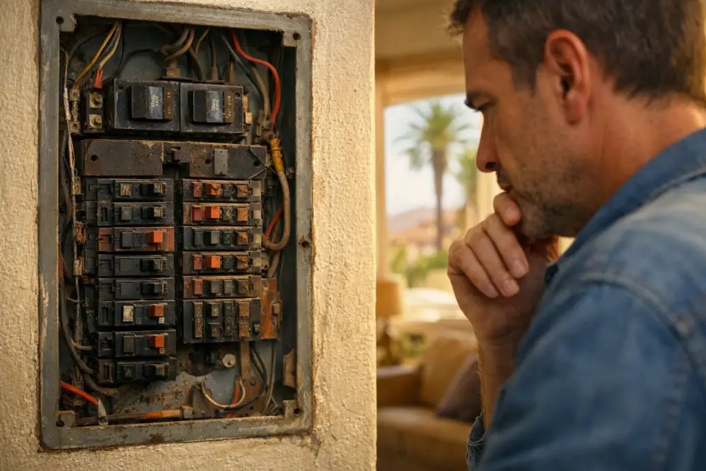 Older electrical panel in a Las Vegas home with a homeowner inspecting it.