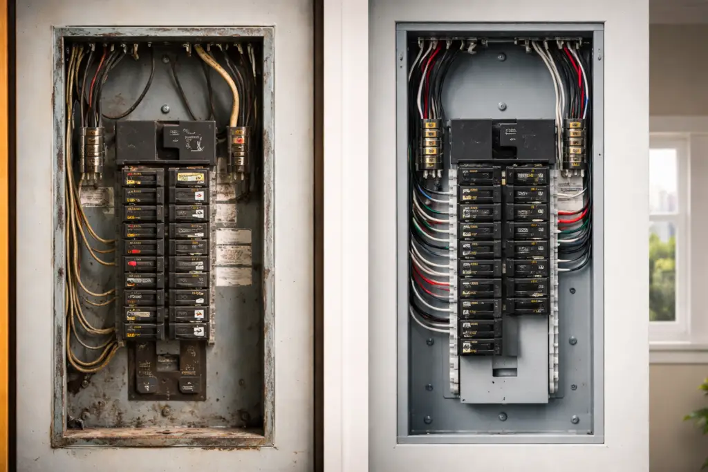 Comparison of an outdated electrical panel and a modern upgraded panel in a home.
