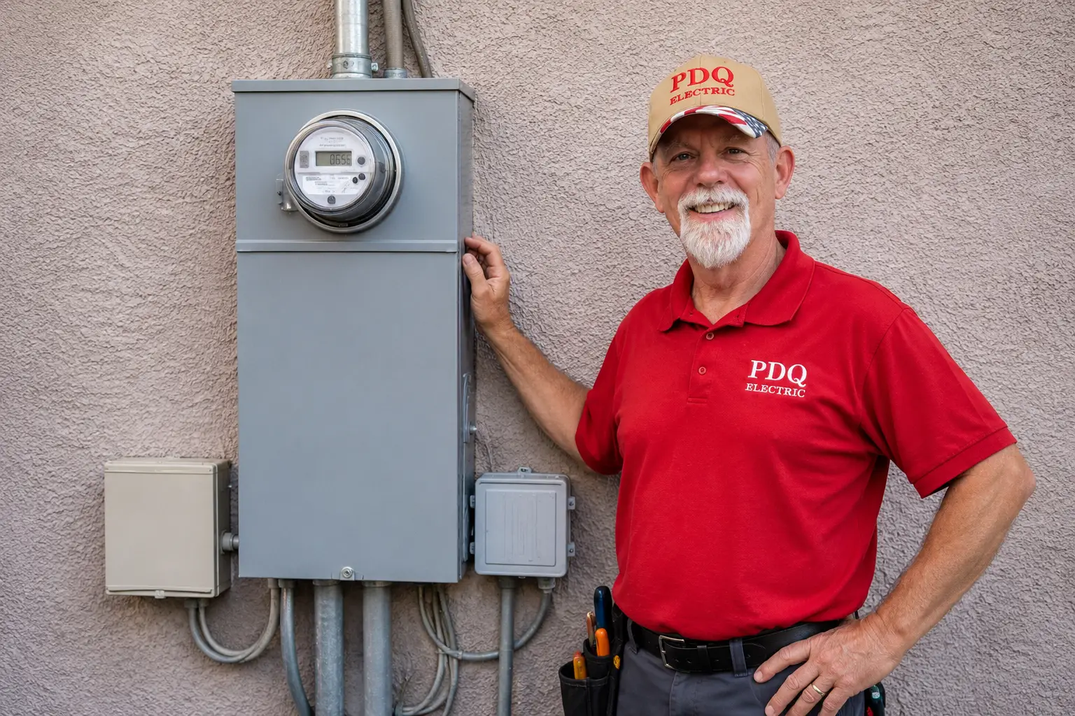 A PDQ Electric electrician in a red shirt stands beside a gray electrical panel and meter outside a Las Vegas home, smiling at the camera.