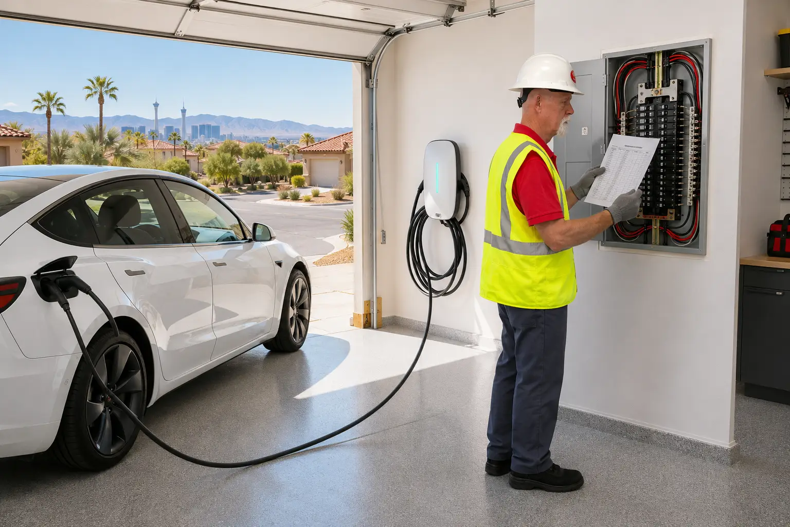 Man inspection the EV Charger on Garage