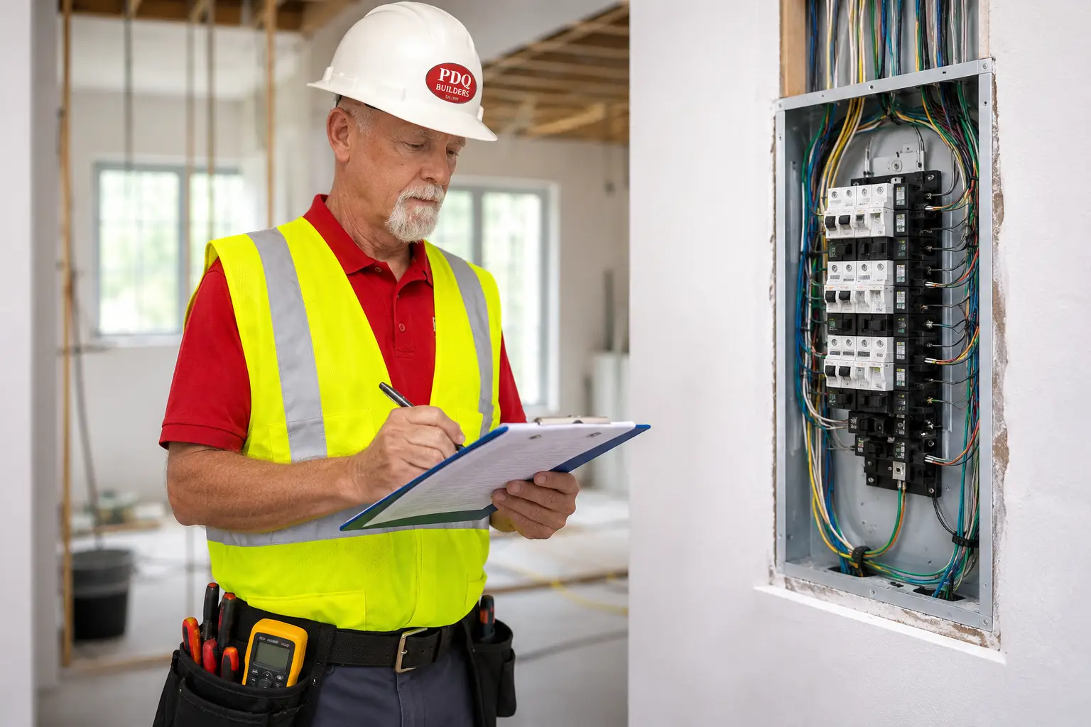 A licensed electrician in a yellow safety vest records notes beside an open electrical panel during inspection.