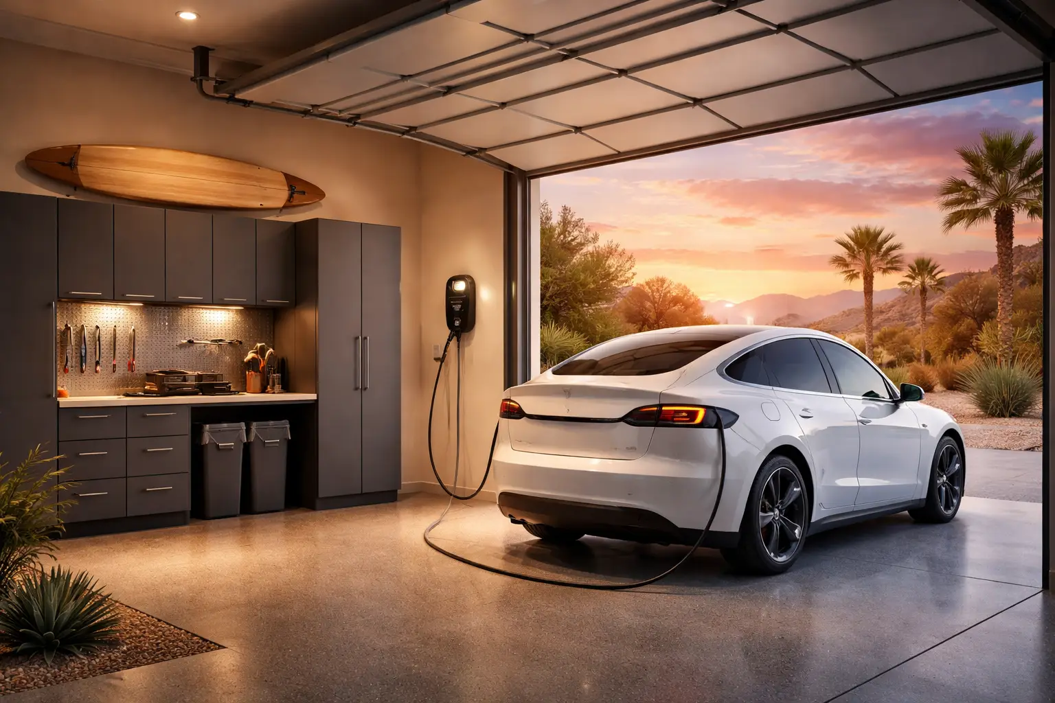 A white Tesla sedan charging from a wall-mounted Level 2 EV charger in a modern garage at sunset, with a visible cable and night-ready lighting.