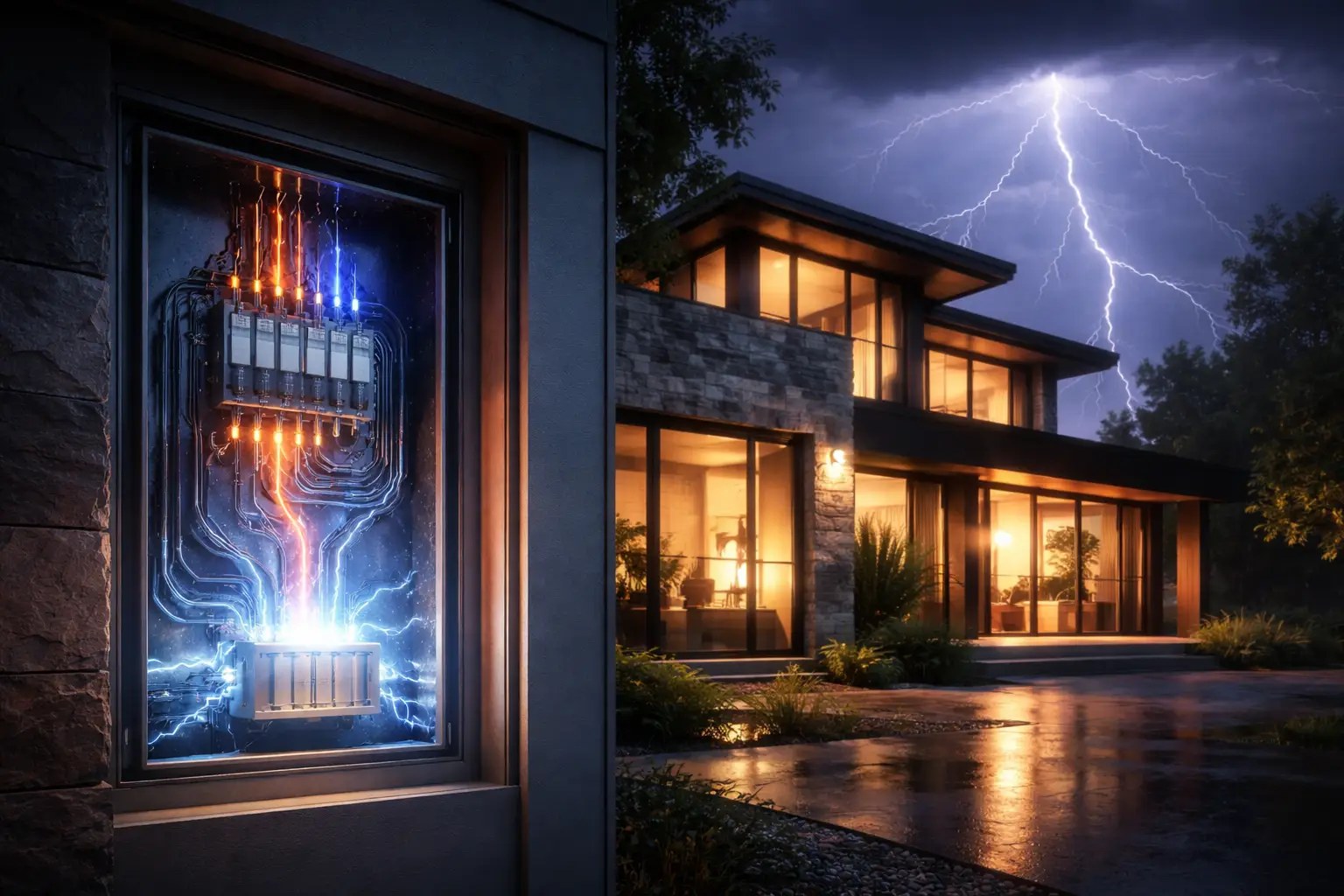 Thunderstorm energy sparks inside a whole-home surge protection panel, with blue lightning and orange arcing that shows power surge risk for electronics.