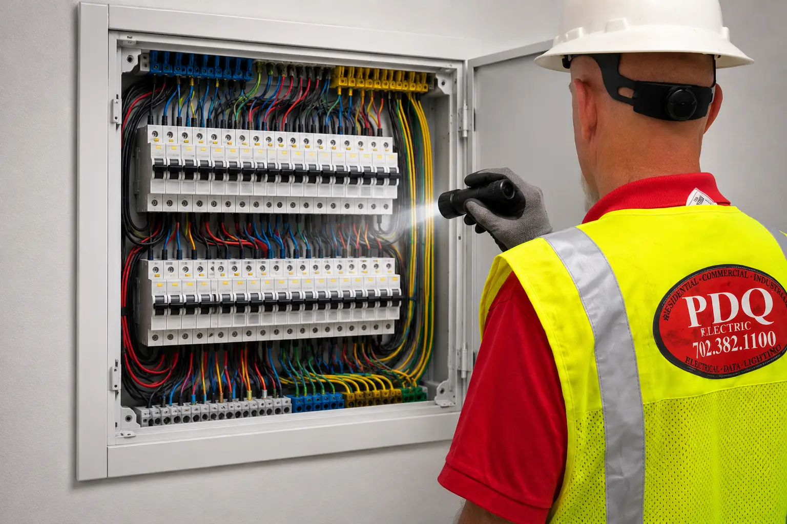 An electrician in a yellow safety vest inspects an open electrical panel with a flashlight during a home inspection.