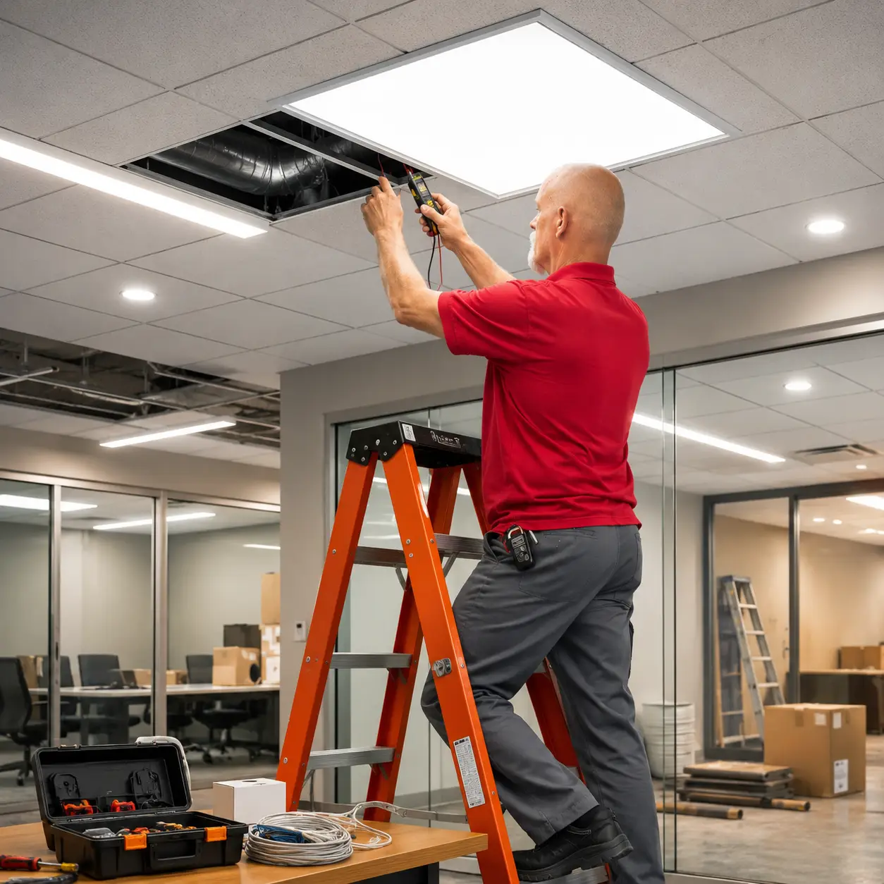 A licensed electrician in a red polo tests wiring on an orange ladder beneath a ceiling light panel in a modern office.