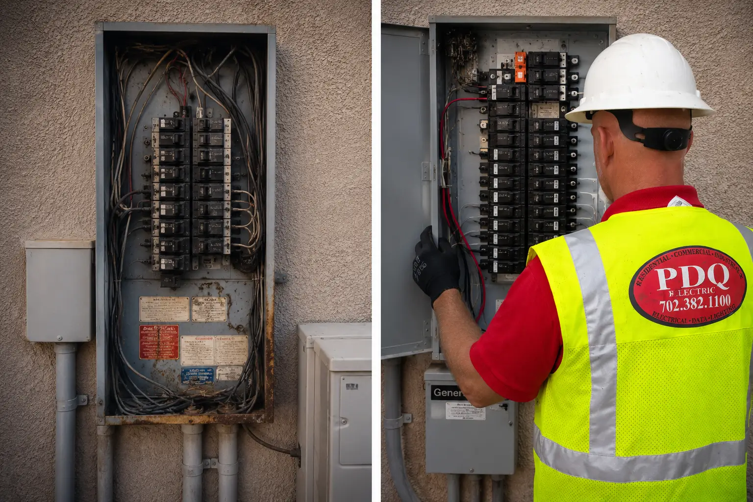 A split view shows a corroded electrical panel beside a clean upgraded panel being inspected by a PDQ Electric technician.