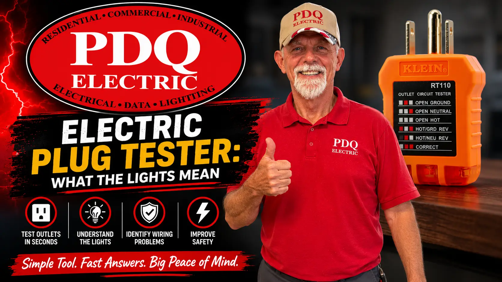 PDQ Electric’s Shane Hayes smiles beside a Klein RT110 plug tester, while the bold "Electric Plug Tester: What the Lights Mean" title stands out.