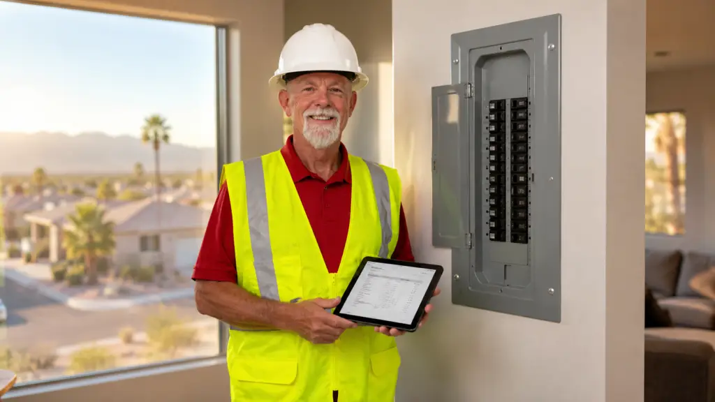 An elderly electrician in a hard hat and safety vest stands beside a breaker panel while holding a tablet inside a bright Las Vegas home.